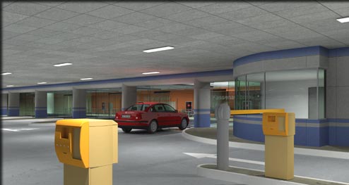 vorgeschaltete konventionelle Parkebene mit Fahrzeugboxen im Hintergrund